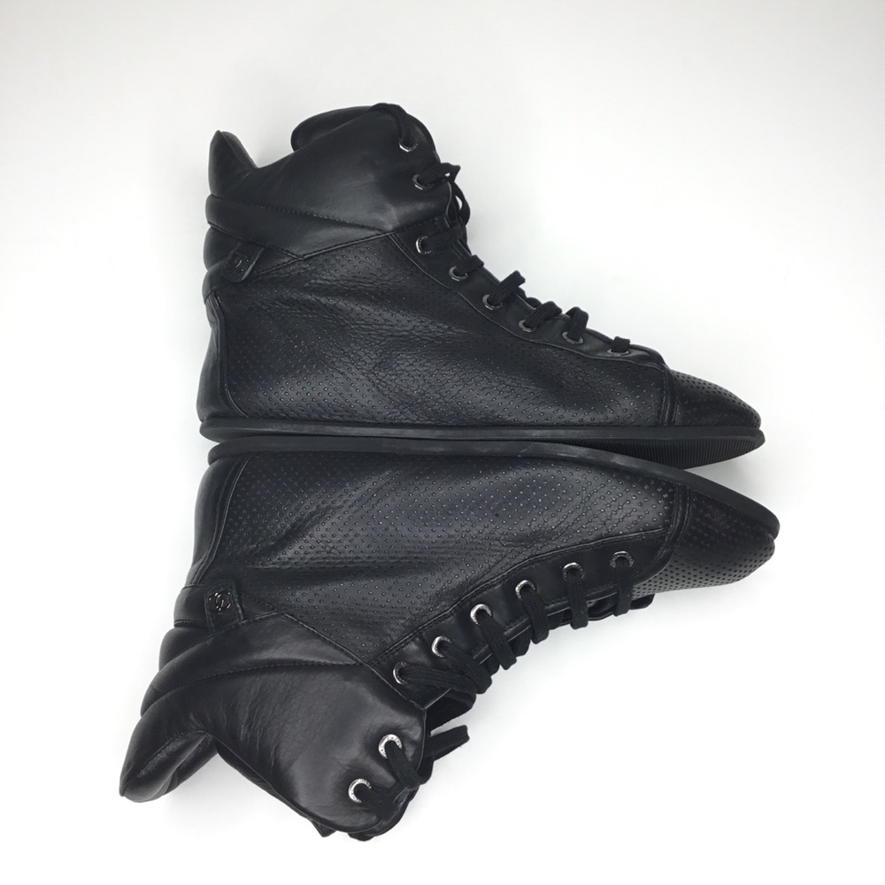 {Chanel} Leather Perforated Hi Top Sneaker Size 39 - Picture 7 of 15